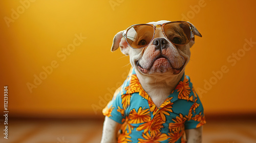 Stylish dog in colorful shirt and sunglasses poses against a vibrant orange background. Generative AI