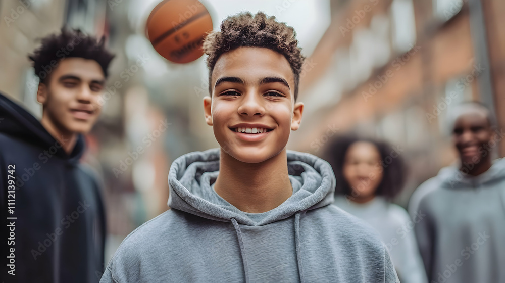Naklejka premium Smiling Teenager in Grey Hoodie, Urban Background Photo