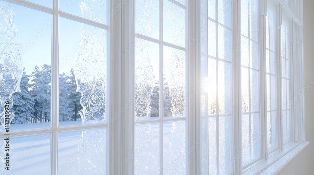 Winter Wonderland: Close-up of Intricately Frosted Windowpanes Blending Chill and Coziness Inside