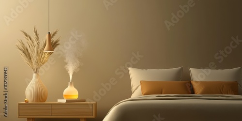 Serene bedroom with soothing colors, plants, and a diffuser for relaxation.