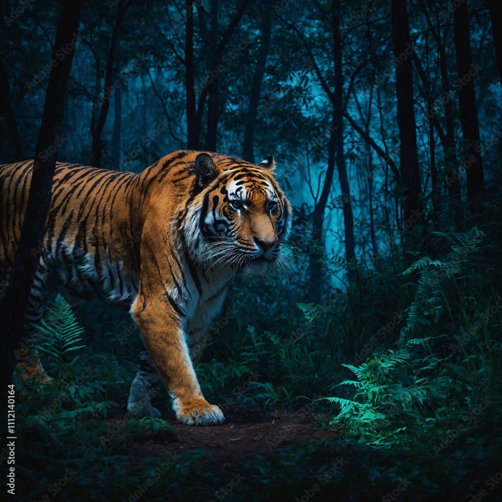A majestic tiger walking through a glowing bioluminescent forest at night.
A majestic tiger walking through a glowing bioluminescent forest at night.