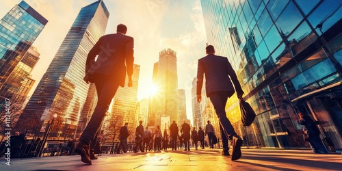 Silhouetted professionals walking in a cityscape during golden hour with modern buildings.