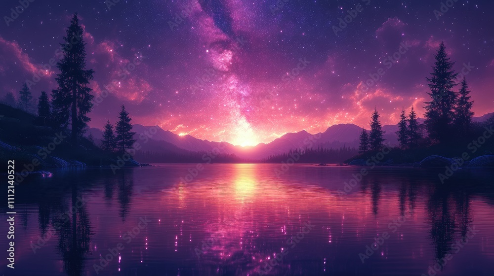 Serene lake reflecting vibrant sunset and starry sky, surrounded by silhouetted mountains and trees. Serene lake reflecting vibrant sunset and starry sky, surrounded by silhouetted mountains and trees.