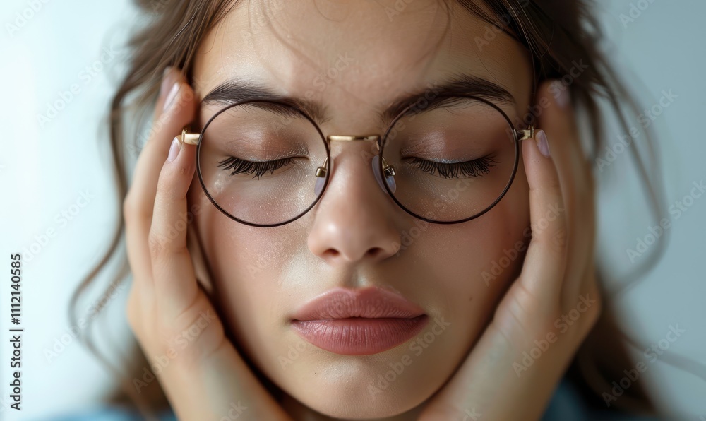 Close up exhausted woman massaging eyelids, taking off glasses, tired freelancer or student suffering from eyestrain or dry eye syndrome, feeling dizziness or headache after long hours work Close up exhausted woman massaging eyelids, taking off glasses, tired freelancer or student suffering from eyestrain or dry eye syndrome, feeling dizziness or headache after long hours work