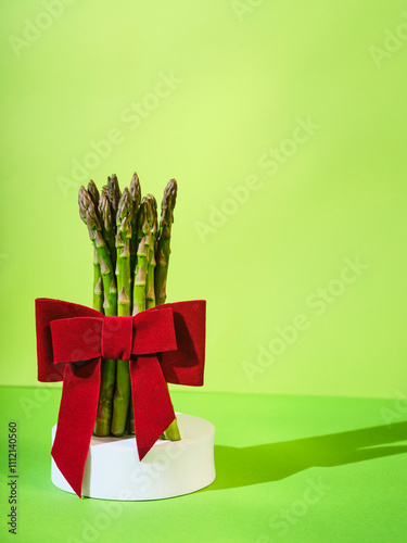 Green baby asparagus spears tied with a red Christmas bow, placed on a white pedestal. Set against a vibrant green background and floor, with long shadows in a bold pop art style