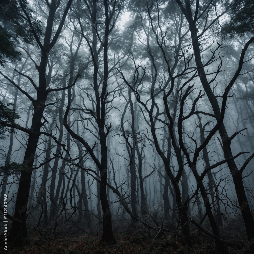 A dense, foggy forest with twisted branches reaching out in eerie patterns. A dense, foggy forest with twisted branches reaching out in eerie patterns.