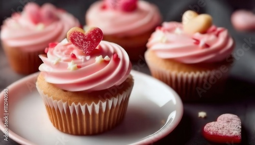 Valentine's Day Cupcake Inspiration. Pink Frosted Cupcakes with Heart Cookie Toppers for Romantic Celebrations or Sweet 8th March Women's Day Treats. Perfect for Love Themed Parties and Gift Ideas