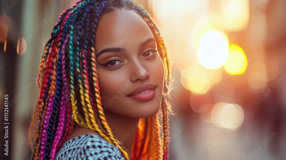 Young woman with colorful box braids confidently poses on an urban street during sunset, highlighting vibrant hair and city background Young woman with colorful box braids confidently poses on an urban street during sunset, highlighting vibrant hair and city background