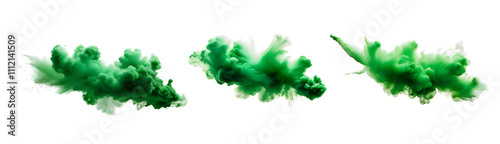 Set of powder explosion green holi powder, green smoke elements for design, isolated on white and transparent background, cutout, PNG	