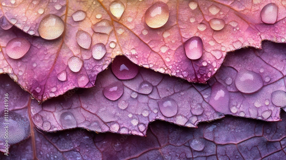 Fototapeta premium Purple Leaves Covered In Dew Drops Macro Photography