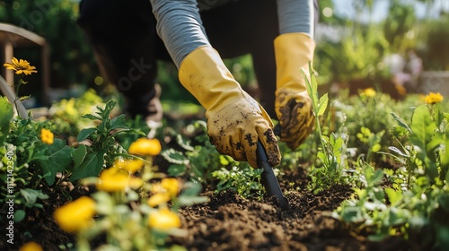 A person is gardening, weeding and planting.