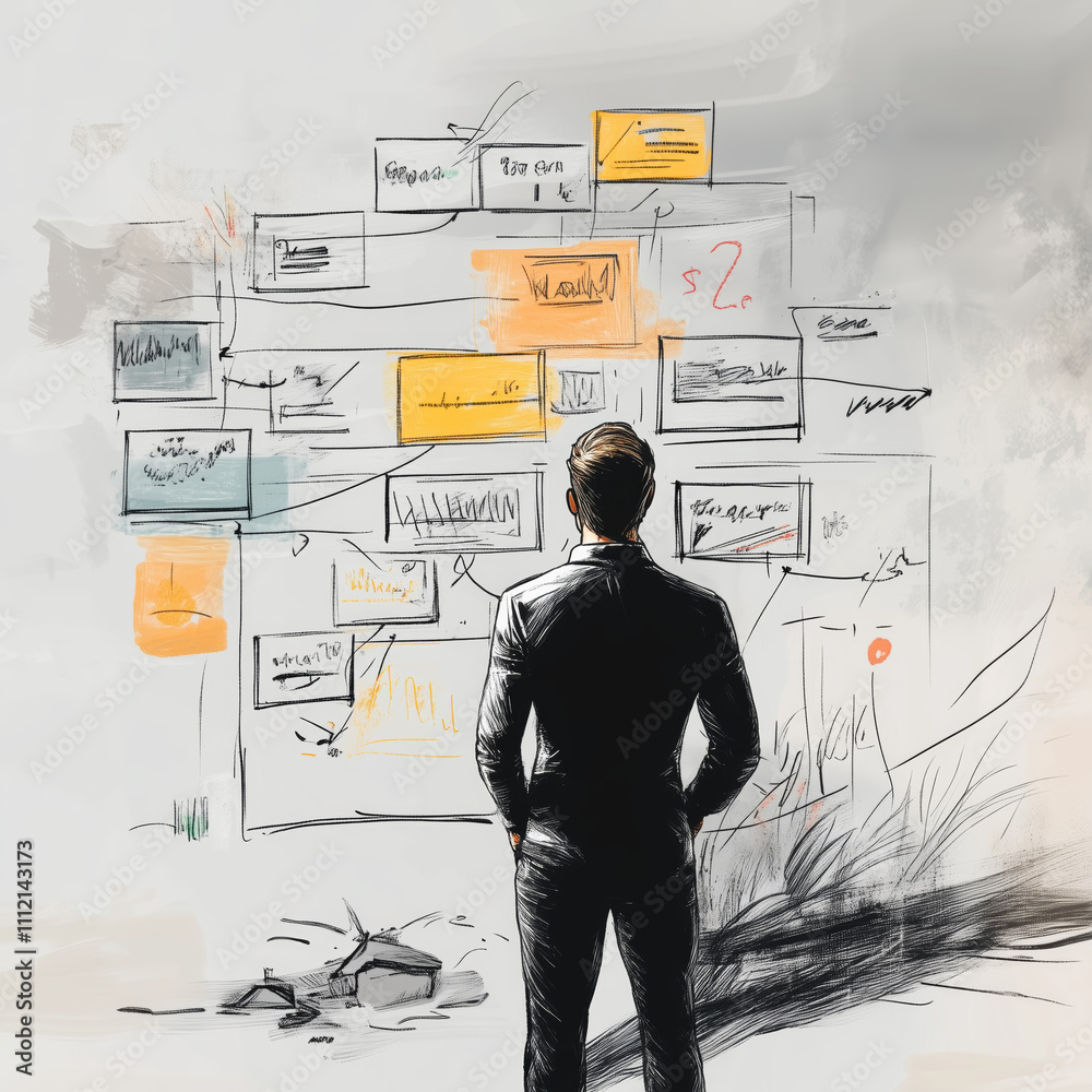 Business professional analyzing data on a digital board in an abstract workspace Business professional analyzing data on a digital board in an abstract workspace