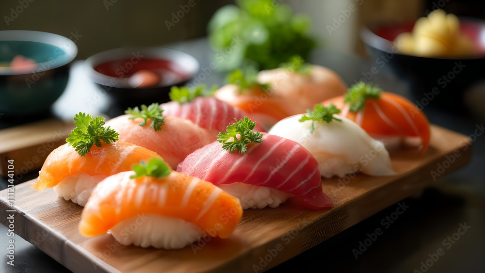 Exquisite Sushi Platter Featuring Diverse Varieties in a Traditional Japanese Restaurant Atmosphere Exquisite Sushi Platter Featuring Diverse Varieties in a Traditional Japanese Restaurant Atmosphere
