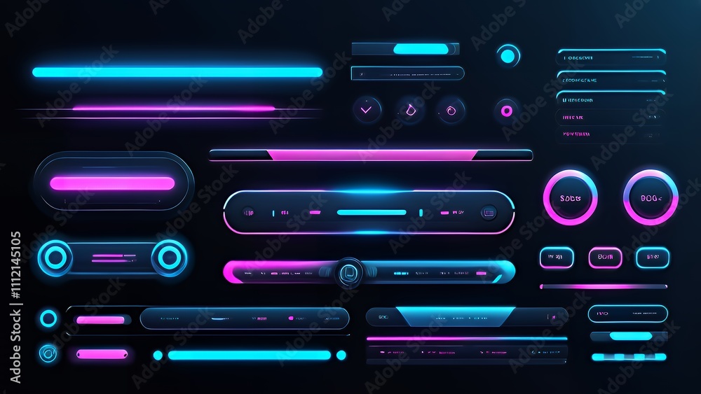 A glowing set of neon UI elements, such as sliders and buttons, in blue and pink. Transparent background for futuristic tech designs. A glowing set of neon UI elements, such as sliders and buttons, in blue and pink. Transparent background for futuristic tech designs.