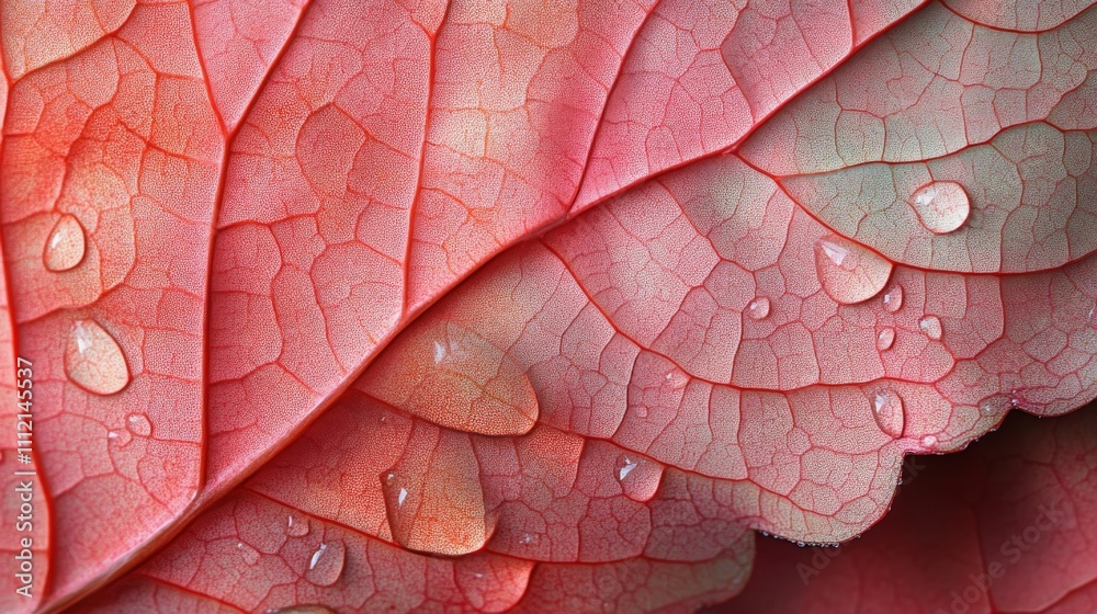 Fototapeta premium Red Leaf Veins Water Droplets Close Up