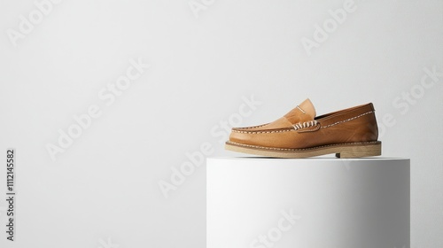 Tan leather loafer on white pedestal.