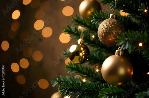 Christmas background with a Christmas tree decorated with toys, golden balls and bokeh lights. Happy New Year. Festive horizontal banner, card.