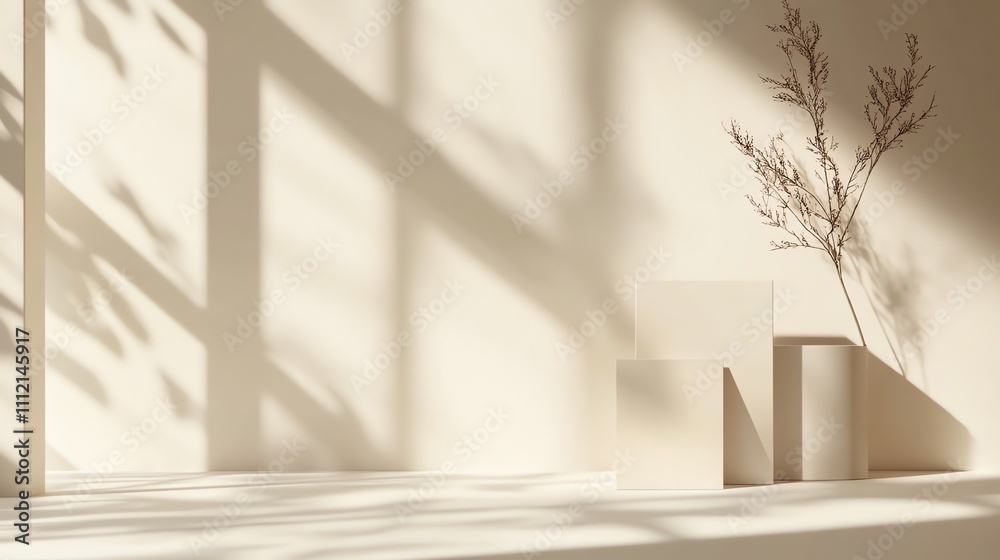A minimalist product display with a white background and a branch with leaves in a vase. A minimalist product display with a white background and a branch with leaves in a vase.