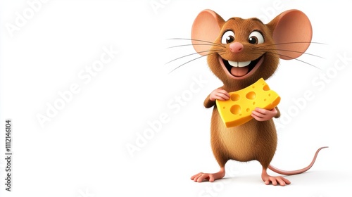 Cheerful Cartoon Mouse Holding a Piece of Cheese on White Background