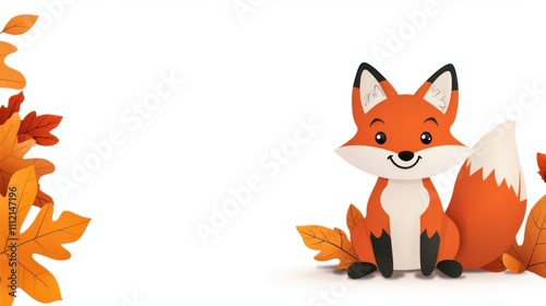 Cute Cartoon Fox Sitting Amidst Autumn Foliage in Woodland Scene