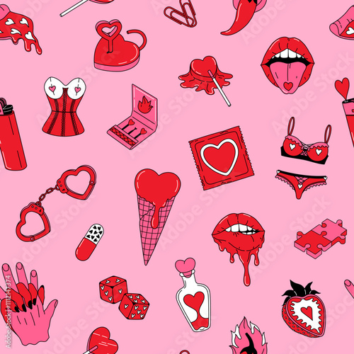 Seamless pattern with romantic elements. Vintage background for Valentines Day and Love. Concept of passion, desire, intimate moment. Design for print, wrapping paper, fabric. Hand drawn doodle vector