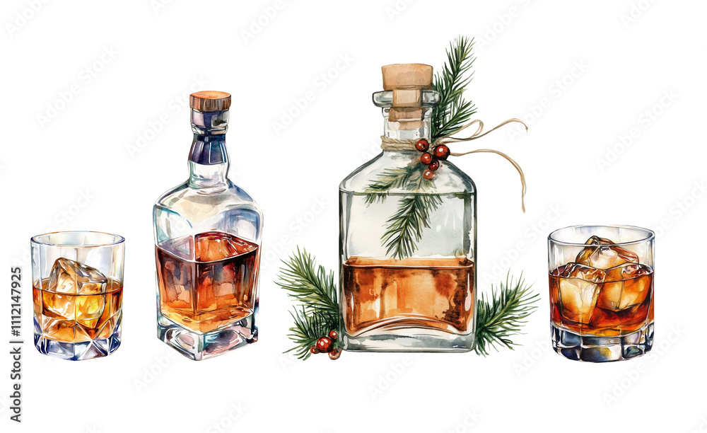 Watercolor Christmas Whiskey and Bourbon Bottles with Ice Glasses, Festive Pine Branches, Holly Berries, Holiday Alcoholic Drinks Illustration Watercolor Christmas Whiskey and Bourbon Bottles with Ice Glasses, Festive Pine Branches, Holly Berries, Holiday Alcoholic Drinks Illustration