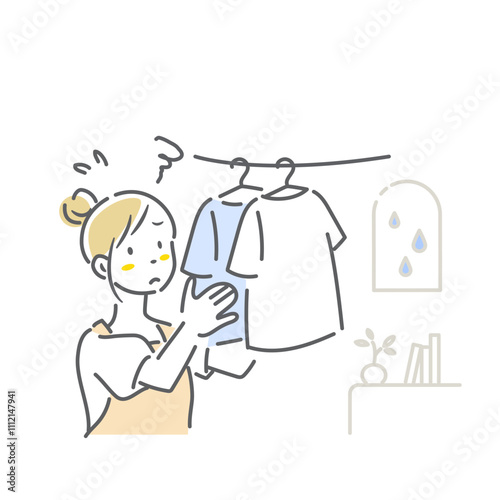 洗濯物の部屋干しに不満な若い女性　シンプルでお洒落な線画イラスト