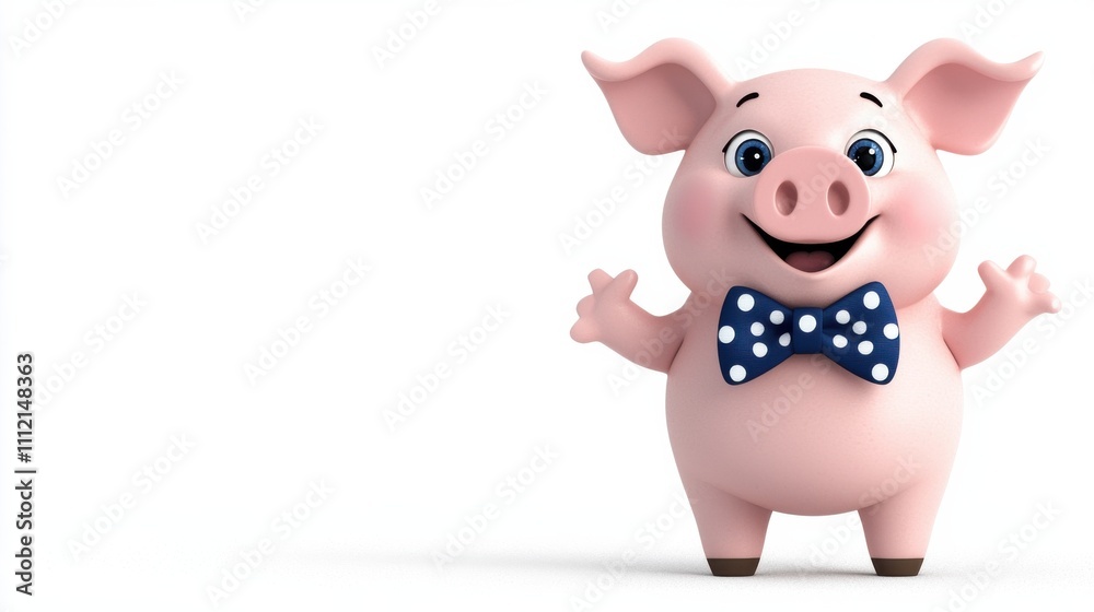 Cute Pink Cartoon Piglet Wearing Dotted Bow Tie in Studio Setting Cute Pink Cartoon Piglet Wearing Dotted Bow Tie in Studio Setting