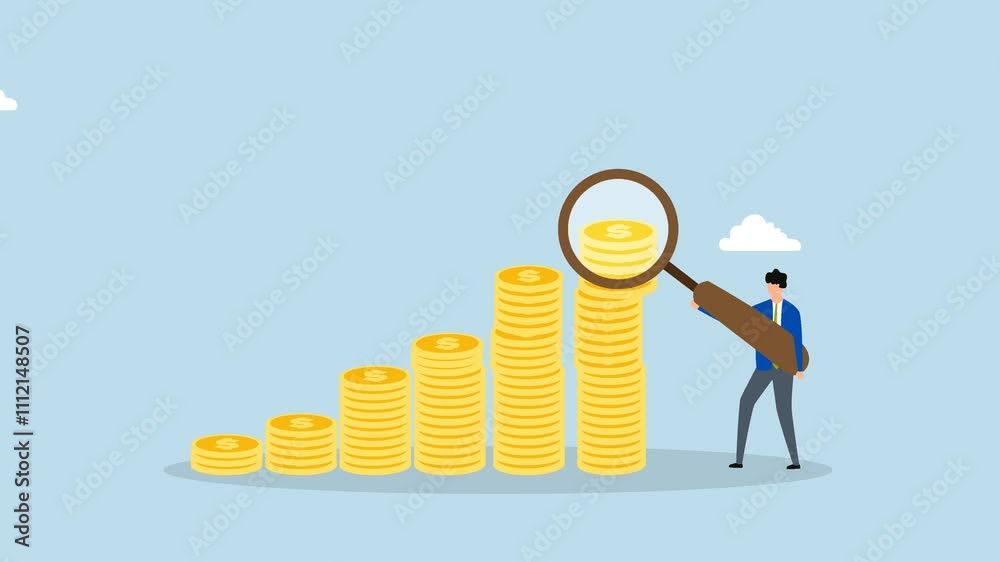 financial analysis, 4k animation of businessman with magnifying glass on growth coin stack. financial analysis, 4k animation of businessman with magnifying glass on growth coin stack.