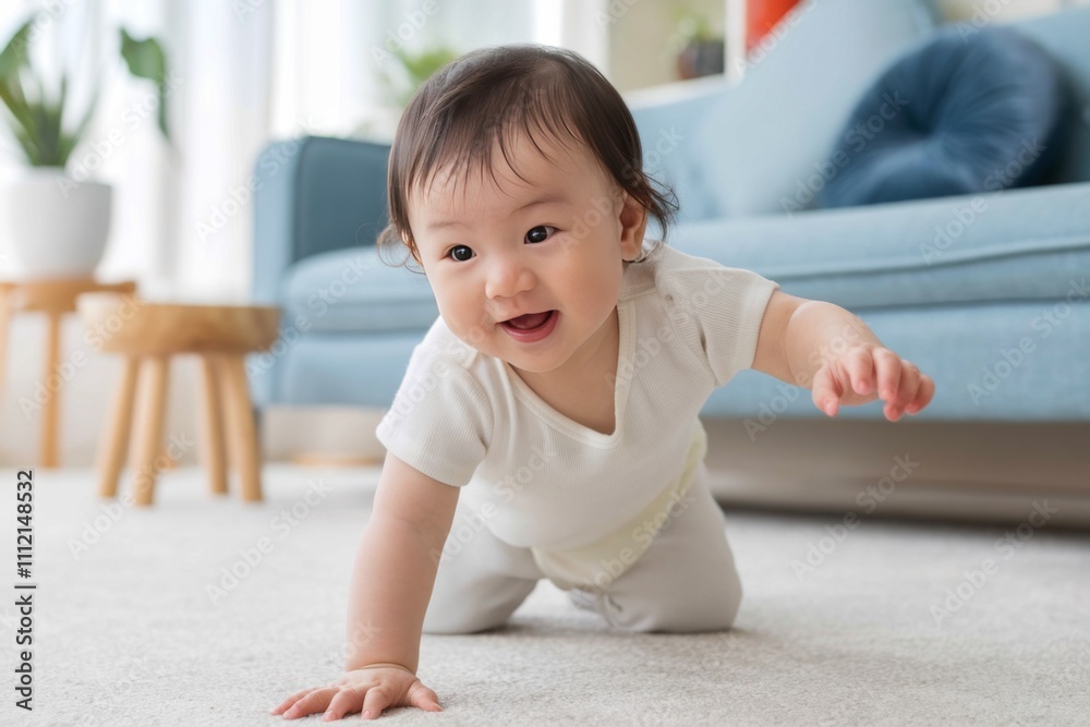 Joyful Asian Baby Crawling on Carpet: Candid Moment of Happy Infant Exploring Modern Living Room with Natural Light and Minimalist Decor Joyful Asian Baby Crawling on Carpet: Candid Moment of Happy Infant Exploring Modern Living Room with Natural Light and Minimalist Decor