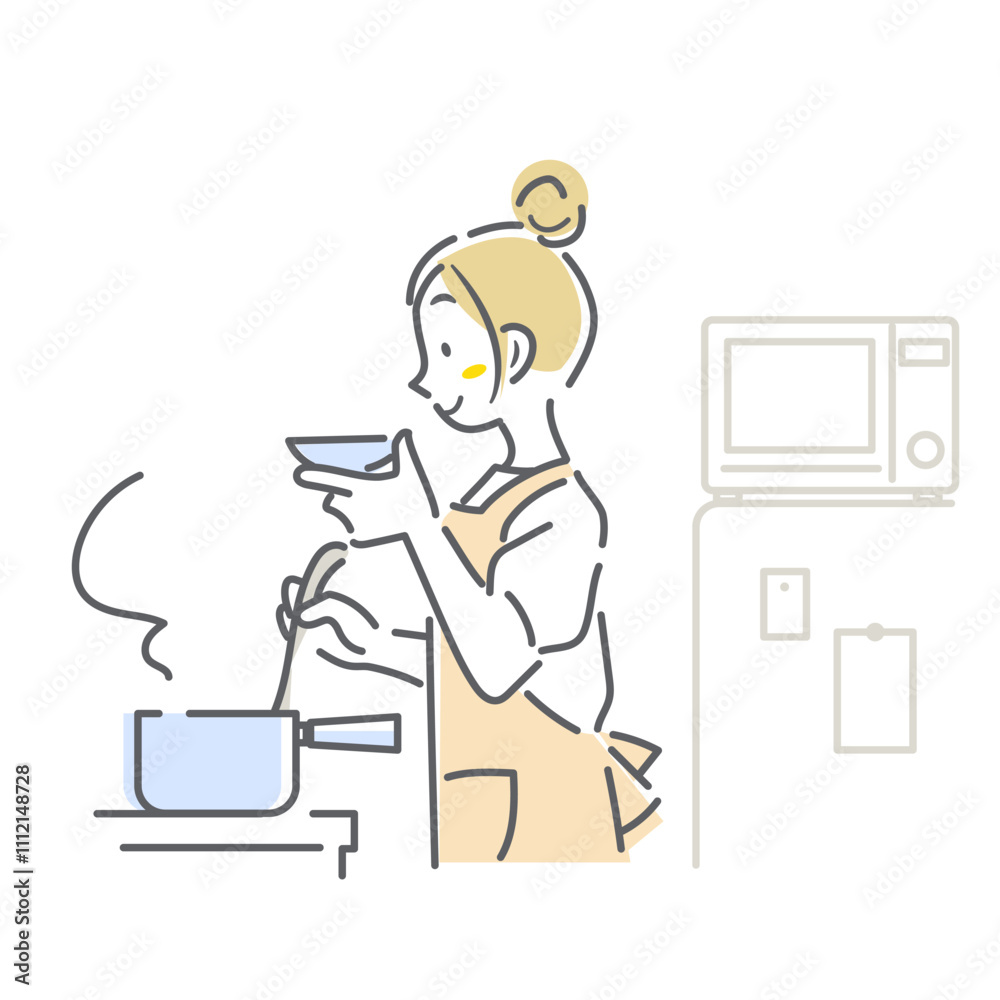 料理中に味見をする女性 シンプルでお洒落な線画イラスト 料理中に味見をする女性 シンプルでお洒落な線画イラスト