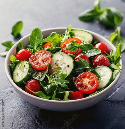 Fresh Vegetable Salad with Cucumbers, Tomatoes, and Greens photo