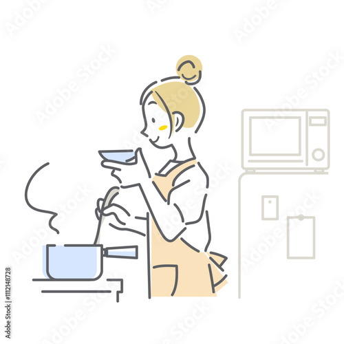 料理中に味見をする女性　シンプルでお洒落な線画イラスト
