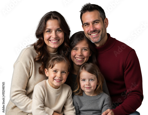 Happy family portrait with transparent background - parents and three children wearing coordinated knitwear in burgundy, beige and grey tones showing genuine smiles and warmth in professional studio p photo