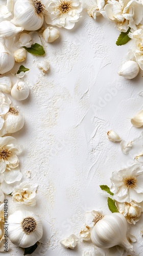 Wallpaper Mural top view of garlic bulbs and garlic cloves lying on a white table creating a border realistic photography Torontodigital.ca