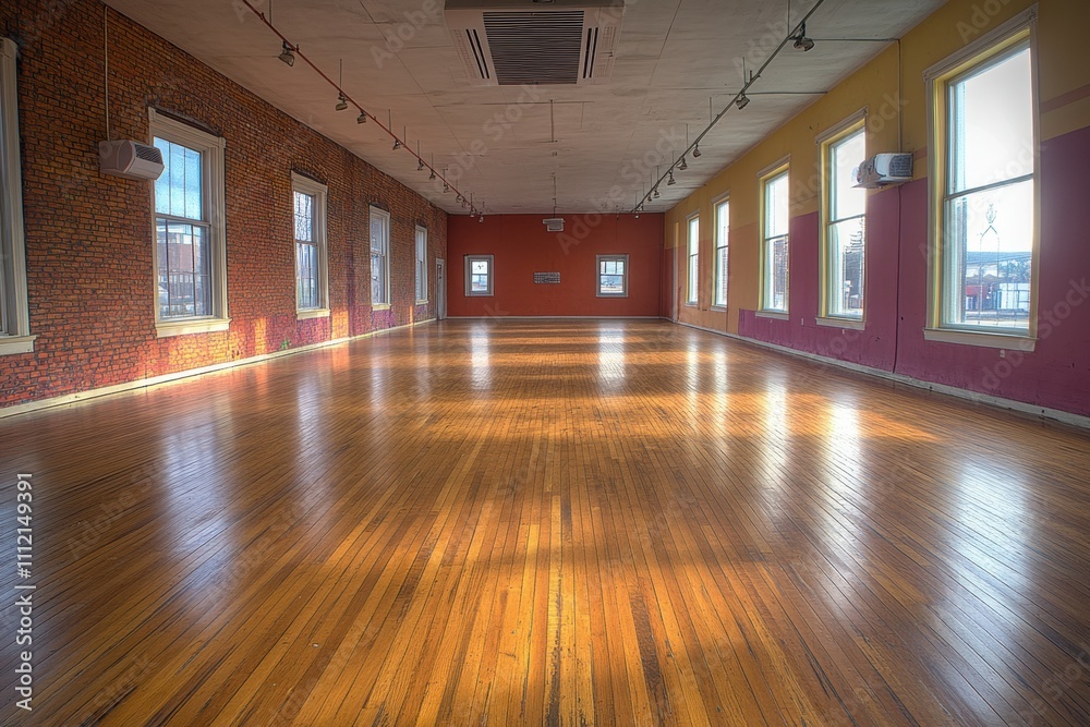 Spacious and Bright Empty Dance Studio with Wooden Floor and Large Windows Highlighting Sunlit Interior Space for Creative Activities Spacious and Bright Empty Dance Studio with Wooden Floor and Large Windows Highlighting Sunlit Interior Space for Creative Activities