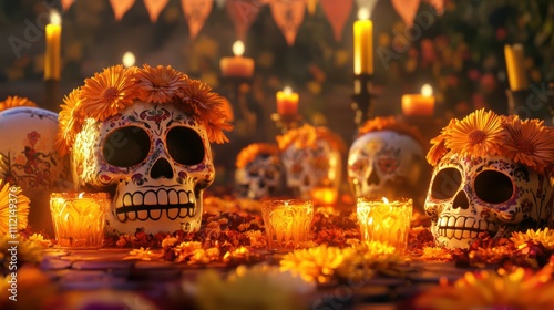 Festive decorations for the DÃ­a de los Muertos holiday, created