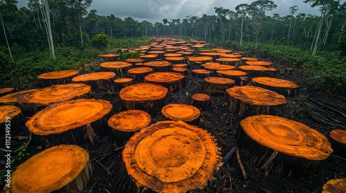 A clear-cut forest with stumps scattered across the ground demonstrates the role of deforestation in accelerating global warming. photo
