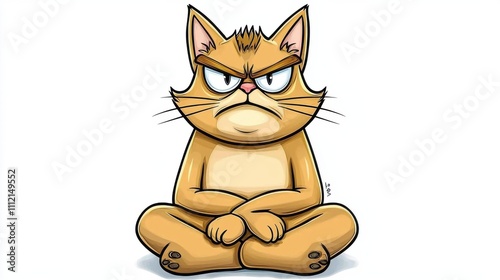 Grumpy Feline Cartoon Character Sitting in Lotus Pose Meditation