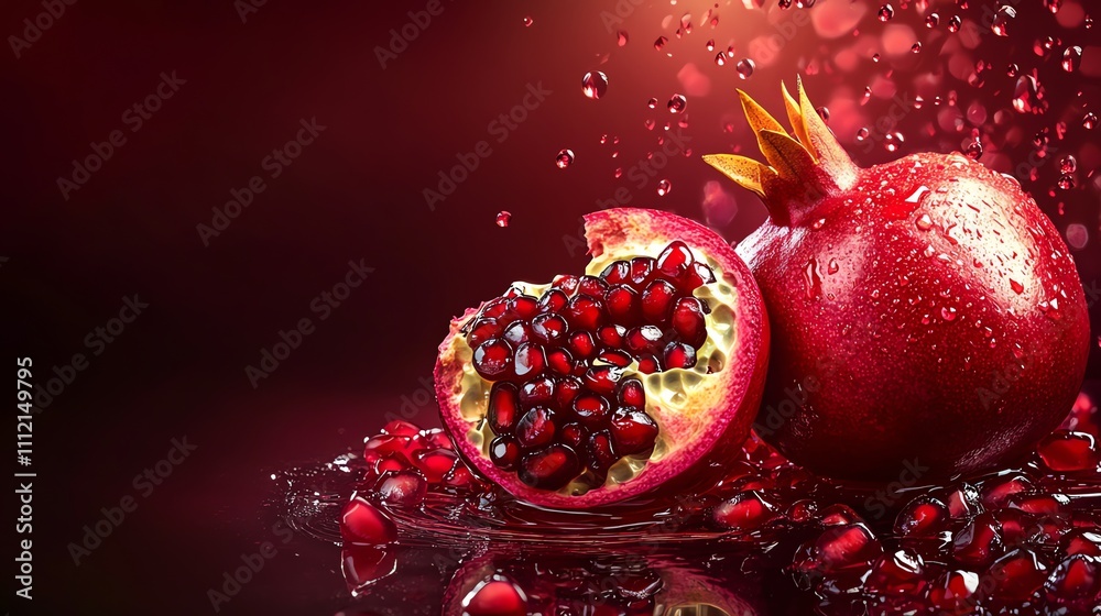 A whole pomegranate and a halved one with red seeds, surrounded by water droplets and a red background. Juicy and tempting. A whole pomegranate and a halved one with red seeds, surrounded by water droplets and a red background. Juicy and tempting.