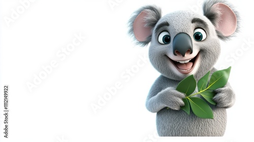 Cute Cartoon Koala Bear Holding Leaves on Tree Branch photo