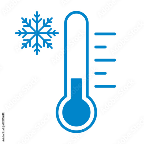 Cold temperature icon, keep frozen label, thermometer with snowflake vector illustration on white background. Cold Weather Flat Sign. Storage in refrigerator and freezer. Weather forecast snowy winter