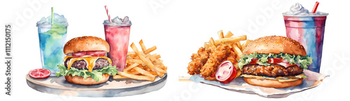 A collection of junk food including a burger, fries, and hot dog painted in watercolor on a white isolated background. 