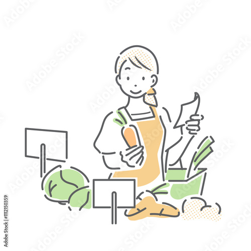 食料品の買い物をする女性　シンプルでお洒落な線画イラスト