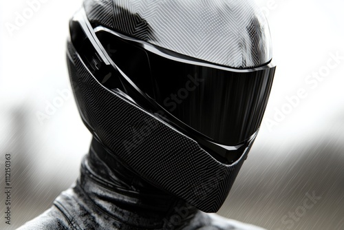 Futuristic helmeted figure in sleek black racing suit, showcasing advanced technology and style, exuding mystery and innovation in a dramatic atmospheric setting photo