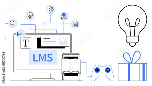 Learning Management System screen with icons for light bulbs, gears, certificates, and documents. Ideal for online education, e-learning platforms, tech innovation, gamification, knowledge sharing