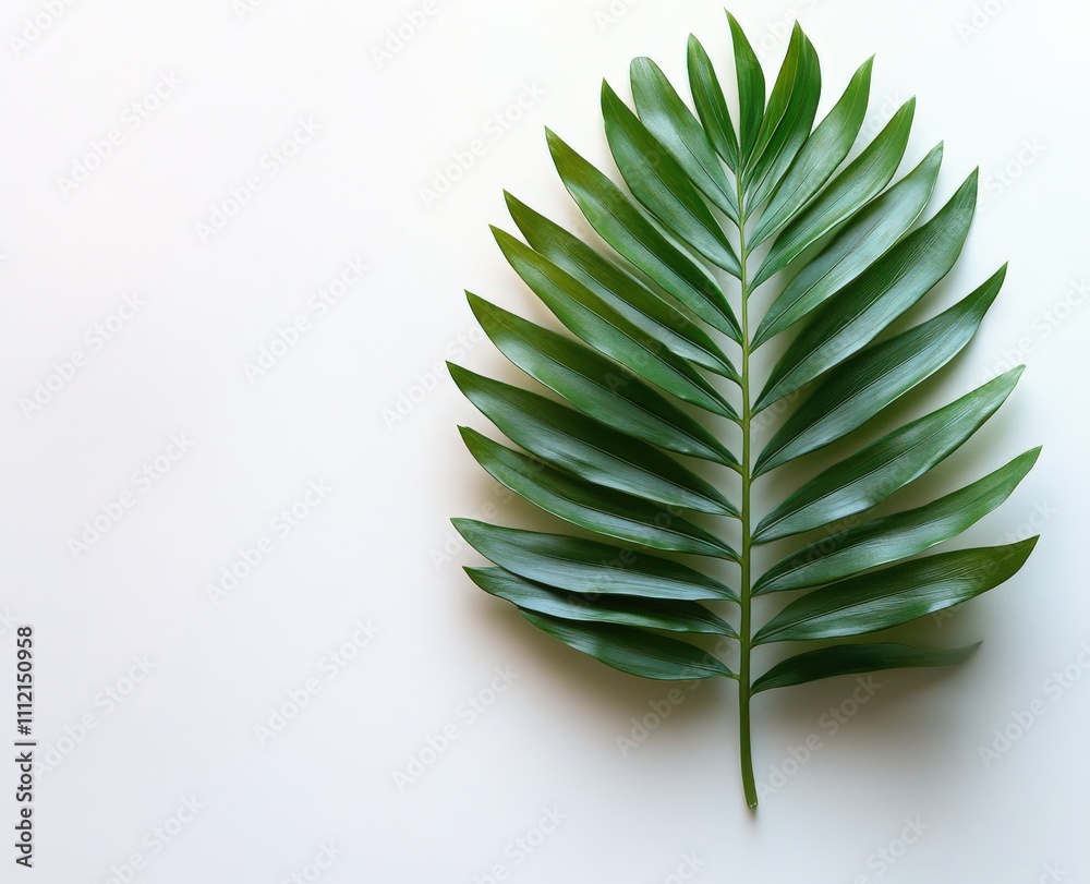 Single vibrant green palm frond on a minimalist white background. Perfect for tropical, summer, or nature-themed designs. Single vibrant green palm frond on a minimalist white background. Perfect for tropical, summer, or nature-themed designs.