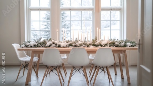 Elegant winter dining setup with candles and pine decor photo