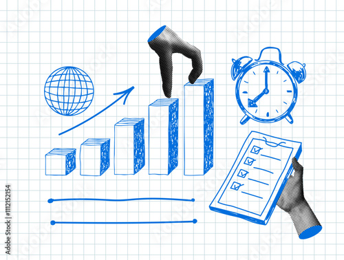 Modern collage with sales chart, clipboard with checklist, alarm clock. Business growth. Climbing the career ladder