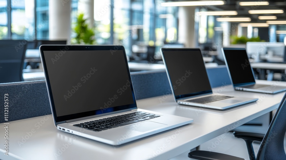Fototapeta premium Empty Modern Office Interior. Row of Laptops on Desk in Coworking Space with Blurred Background